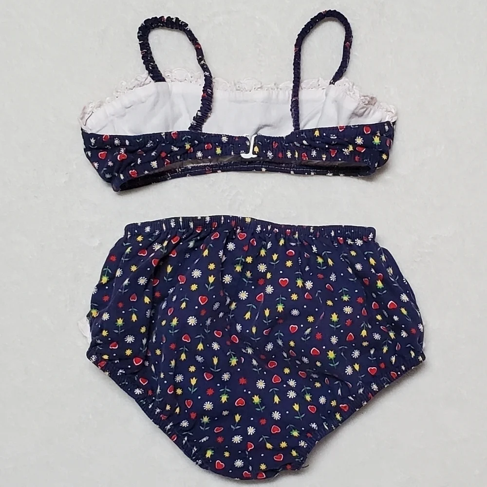 Vintage 60s Teen Girl Ultra Mod High High Bottom Ruffle Heart Floral Bikini XS
